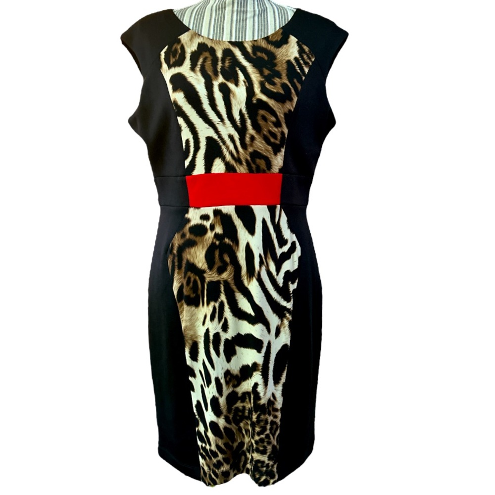 Sandra Darren Sheath Style Dress, Black & Animal Print, Size 12P